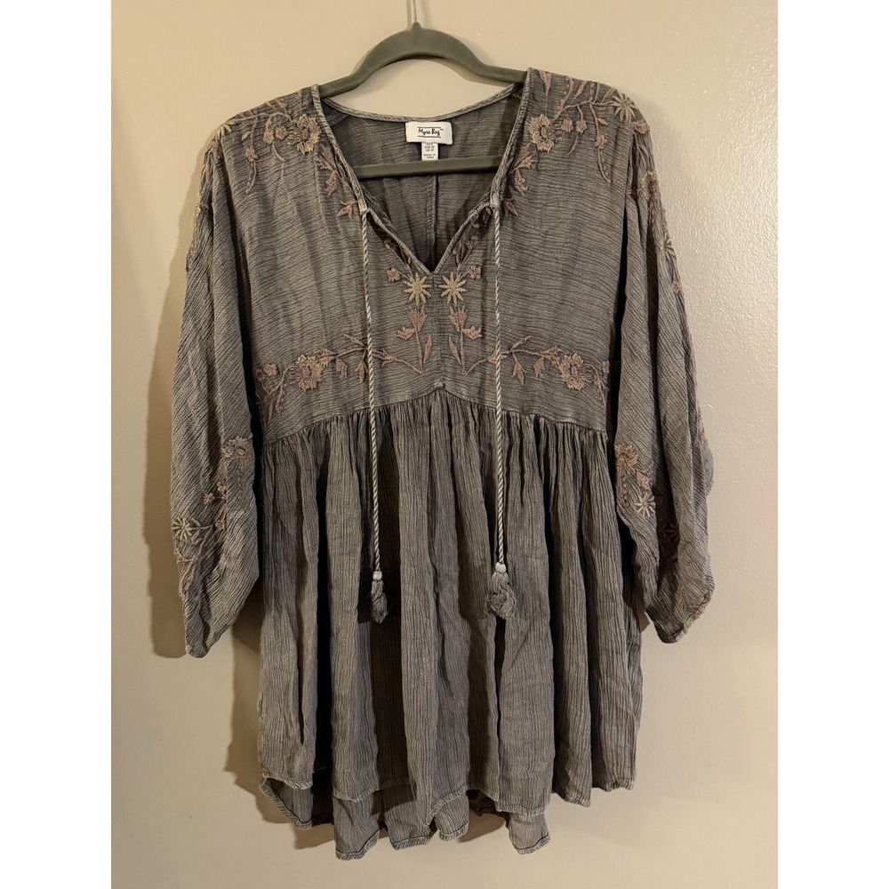 Myra Bag Gray Embroidered Boho Peasant Tunic Top Tassel Tie Babydoll Blouse S